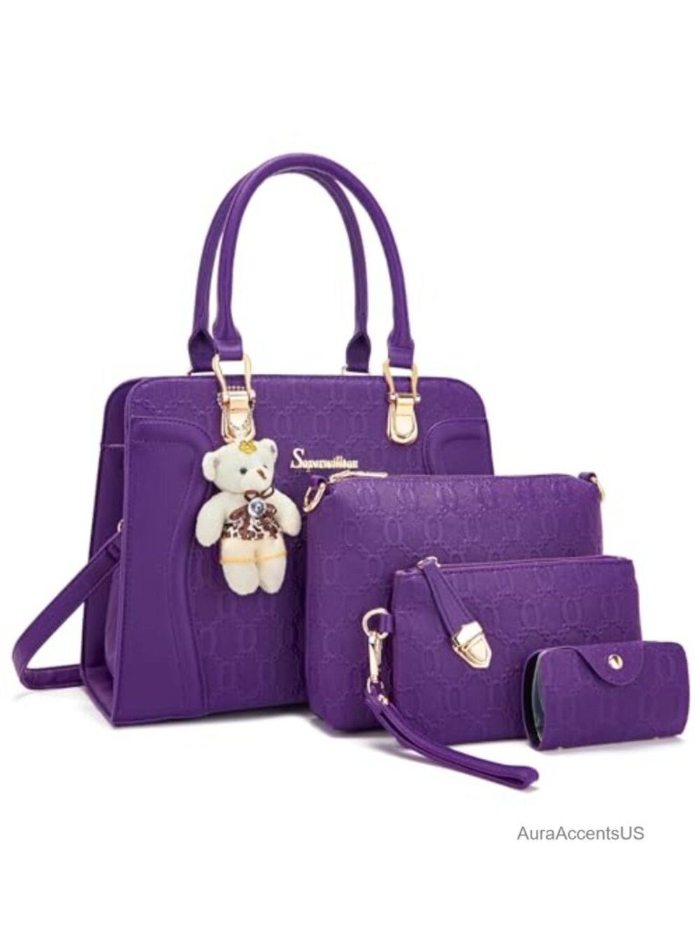 Synthetic Leather Satchel Tote Bag Purse Set 4pcs Top Handle Shoulder Bag